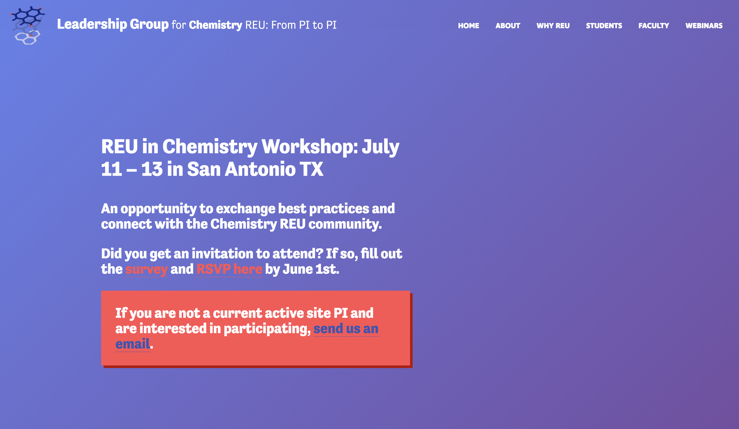 The NSF REU Leadership Group website takes advantage of gradients and imagery to draw in users.